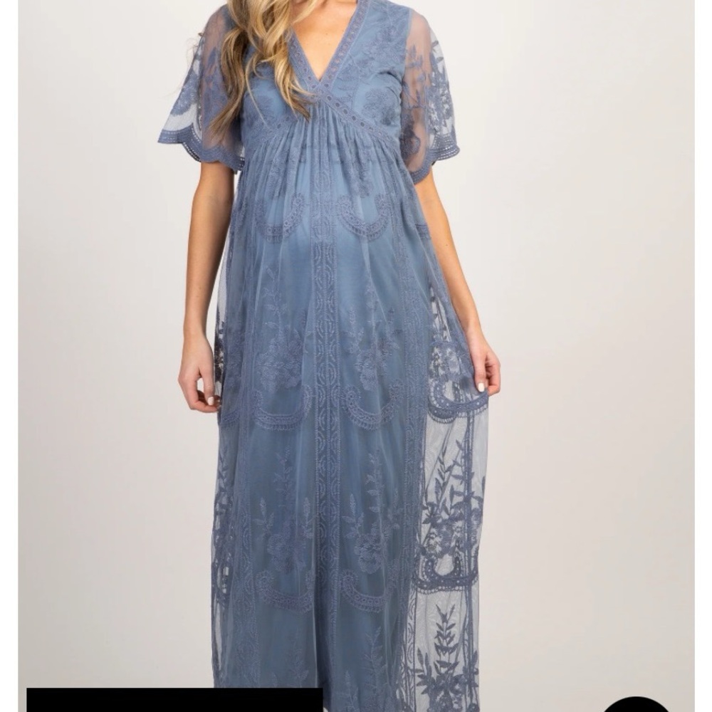 PINK Blush Blue Lace Mesh Overlay Maxi Dress Maternity Dress